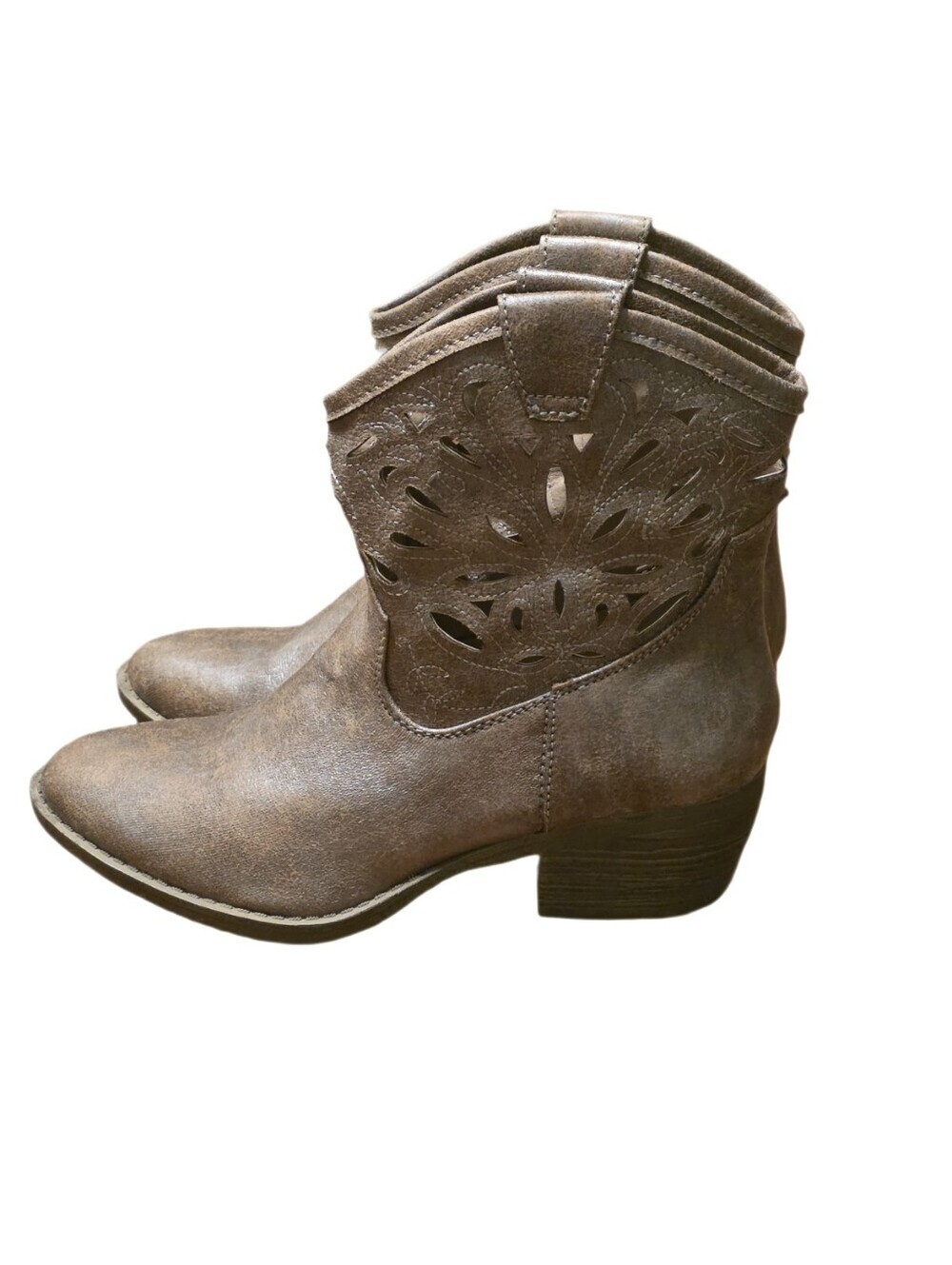 SO Laser Cutout Western Cowboy Ankle Boots Distressed Taupe Brown Booties 8 - Picture 9 of 11